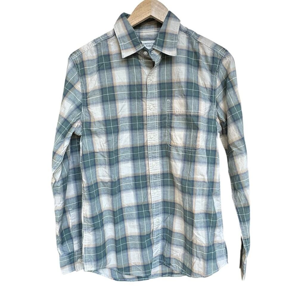 NWT American Eagle Blue Plaid Super Soft 100% Cotton Shirt XS